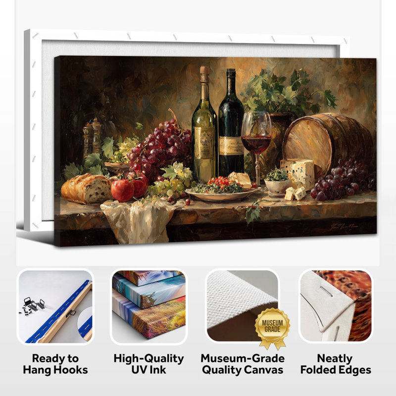 GUTTATY Wine Wall Art, Rustic Vineyard Still Life Painting Canvas Wall Decor, Earth Tone Wine Art Wall Decor, Serene Ambiance Wine Bar Prints for Kitchen Dining Room Living Room, 24x48 inches