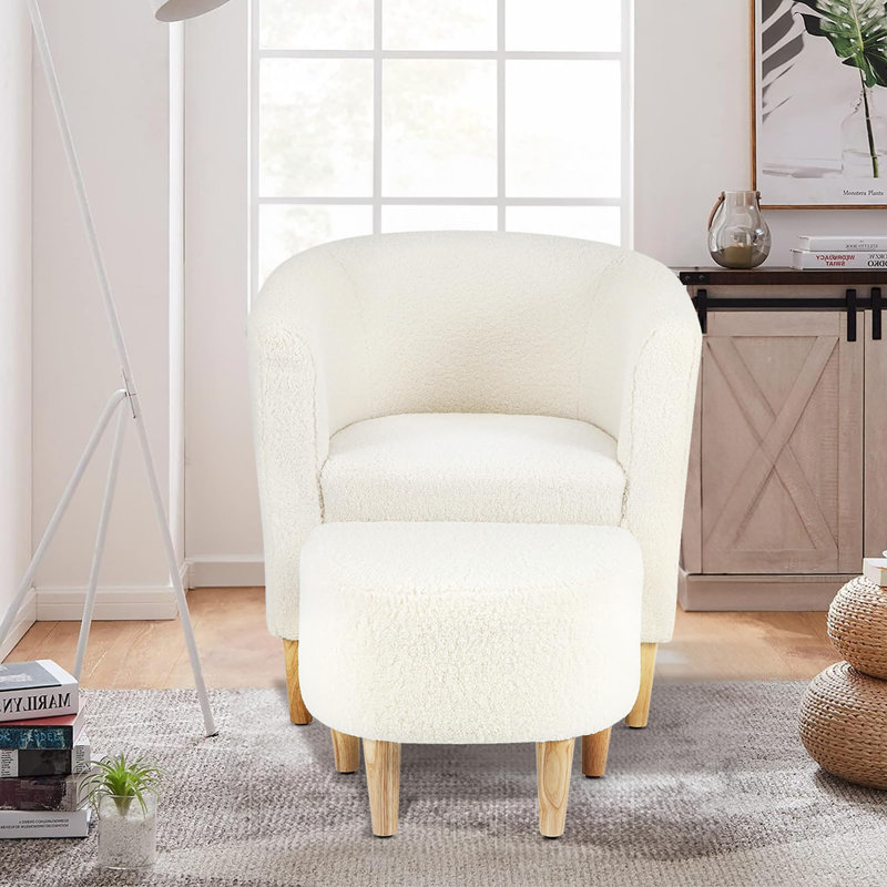 Upholstered 27" Wide Barrel Chair with Ottoman, White Teddy
