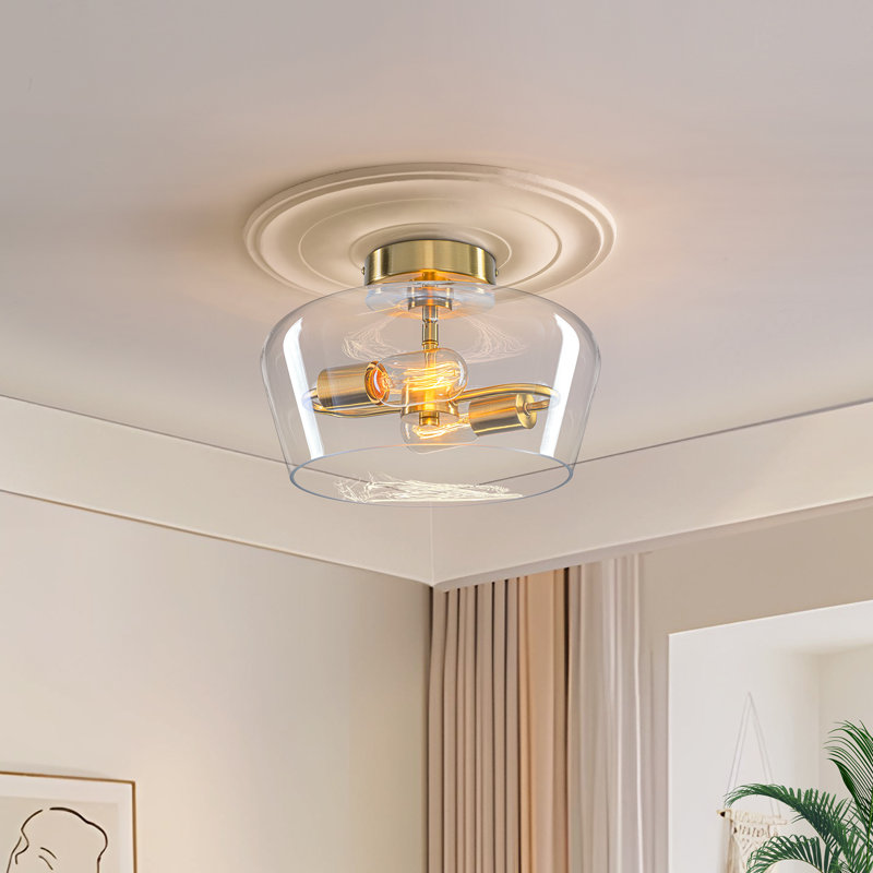 Plafonnier semi-encastré 2 lumières en verre transparent à intensité variable moderne, Doré
