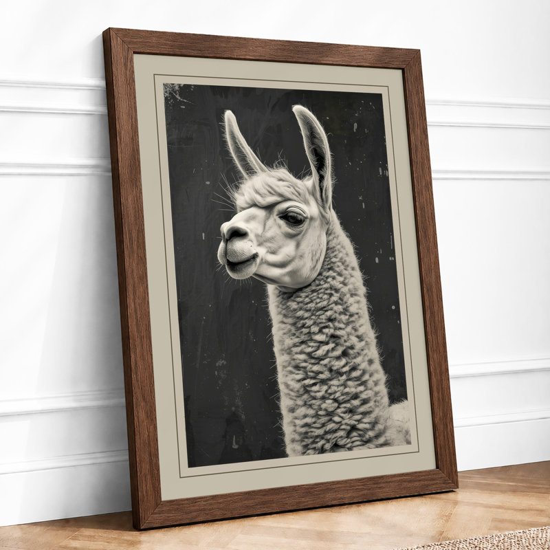 Alpaca Portrait Japandi - Framed Print, A4 - 29.7 x 21.0 cm, Walnut