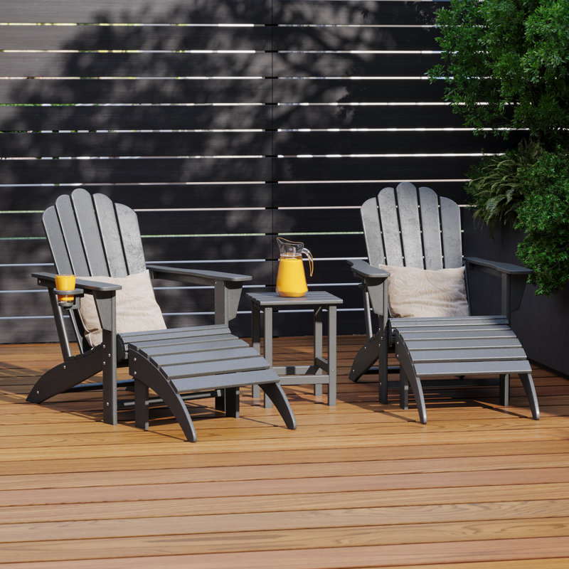 Outdoor Poly Adirondack Chair With Side Table And Ottoman 5-Piece Set, Gray