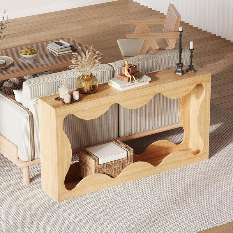 Console 63 po festonnée Farmhouse, canapé étroit avec rangement pour le hall d'entrée et le salon, Bois naturel