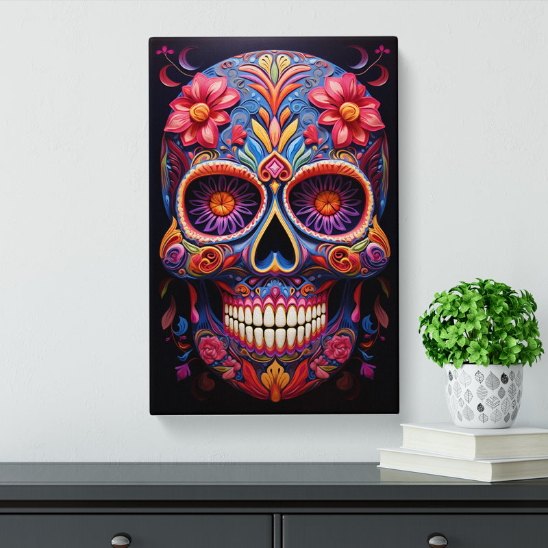 Sugar Skull Hard Edge Painting Art - Wrapped Canvas, 60cm H x 40cm W x 3cm D