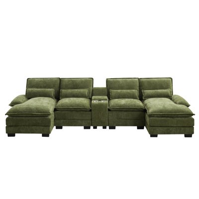 126" W U-Shape Sectional With Console & Cup Holders And USB Ports