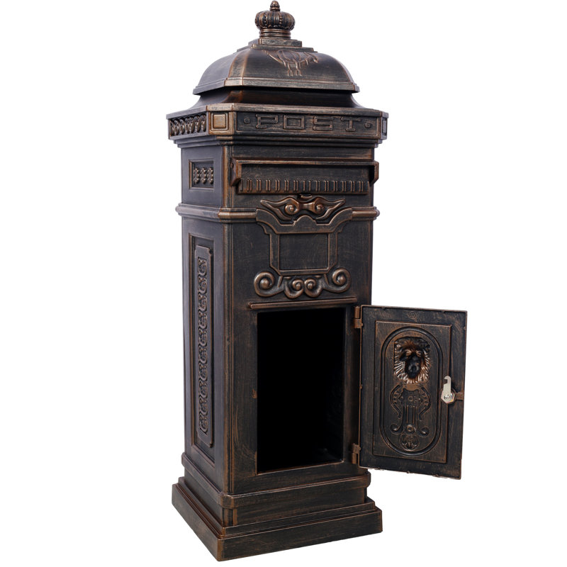 Boîte aux lettres résidentielle au sol, 35,5 x 33 x 101,5 cm, monobloc, en aluminium moulé, bronze, grande capacité, design vintage avec statue et colonne romaine, pour allée de jardin