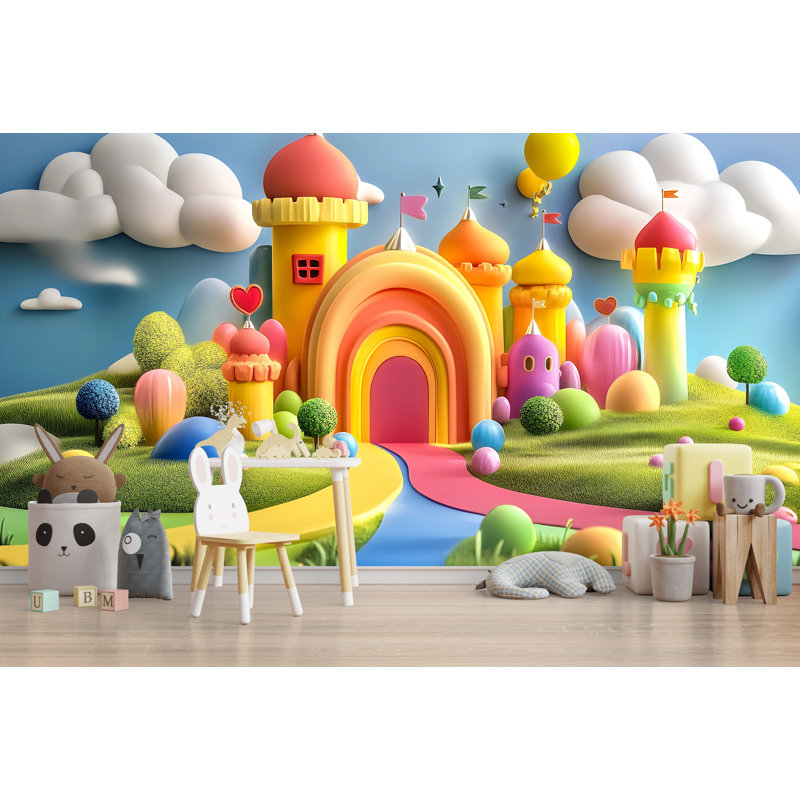 Papier peint arc-en-ciel château fantaisie Rainbow, L 144 po x l 100 po, Luxury Canvas Texture