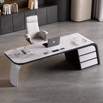 Bureau en bois manufacturé noir + gris clair clair + bois manufacturé avec 3 tiroirs