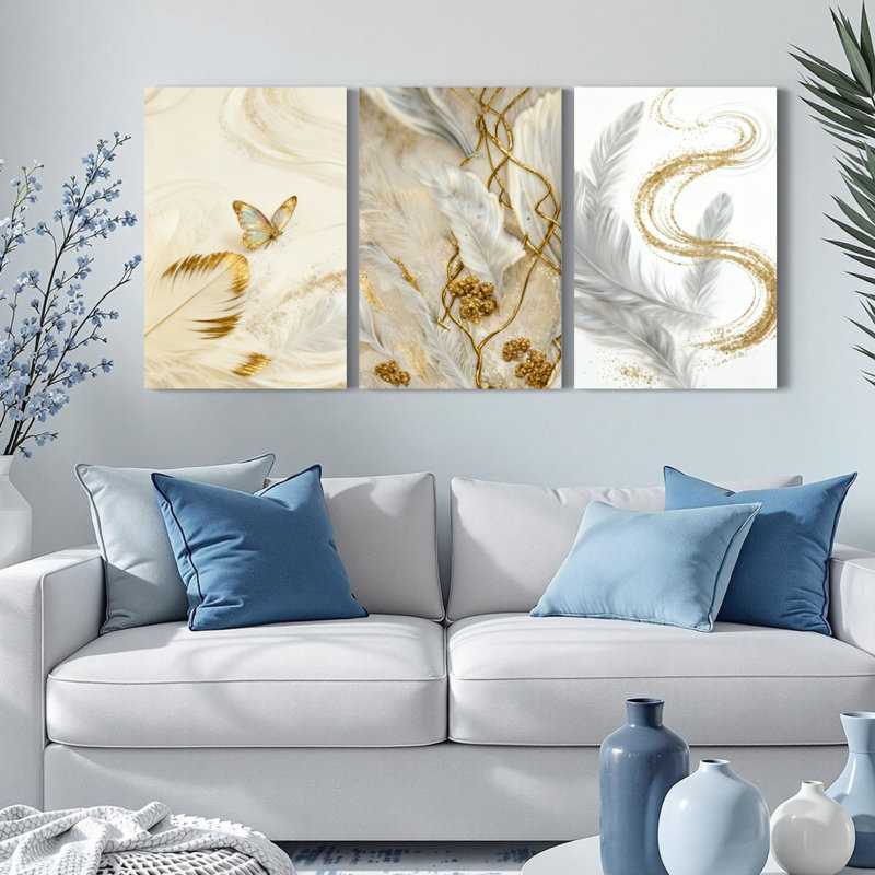 Tableau abstrait sur toile tendue, motif plumes dorées et papillons, style bohème chic élégant (lot de 3), H 36 po x l 72 po