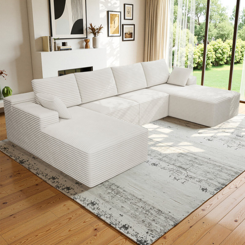 Canapé modulaire en forme de U de 126 po Koli, canapé à compression, velours côtelé blanc, White Corduroy