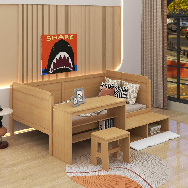 Lit de jour simple avec tablettes et bureau, Naturel