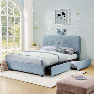 Kids Upholstered Bed with Oversized Rabbit Ear Headboard and LED Lighting