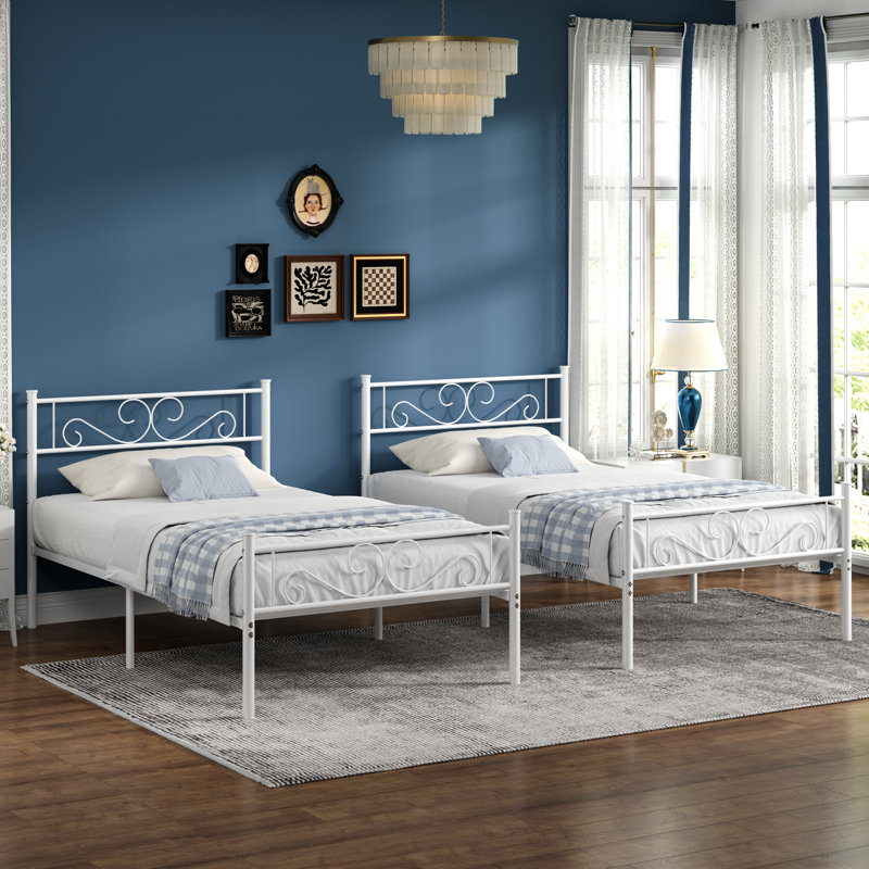 2 Set Bed Frame, 2 Pcs Twin Size Metal Platform Bedframe with Headboard & Footboard, Mattress Foundation with Steel Slat Support, Underbed Storage, No Box Spring Needed (Set of 2)