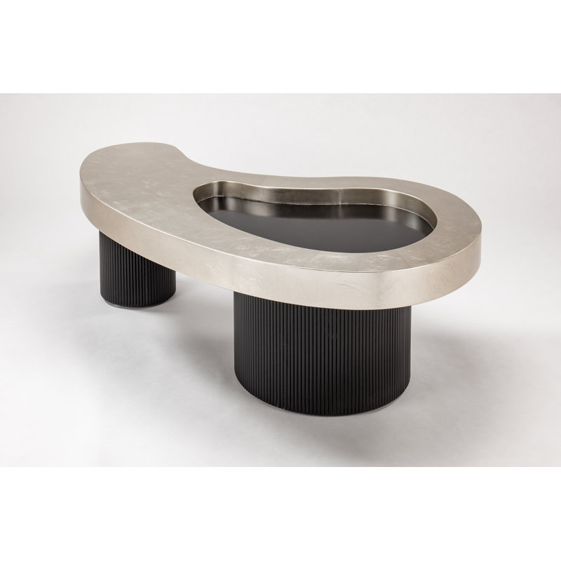 Silverleaf and Black Ribbed Base Kidney-Shaped Coffee Table
