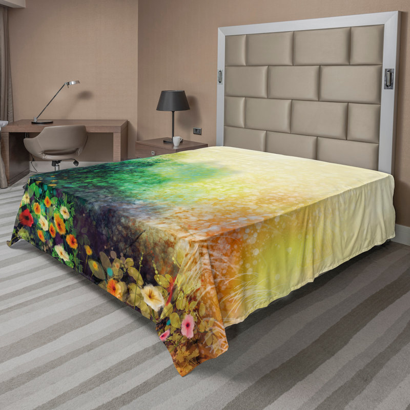 Ambesonne Floral Top Flat Sheet Wild Flowers on Meadow Green Mustard, King Flat Sheet