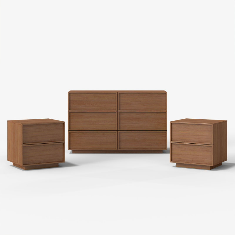 Ensemble de chambre à coucher 3 pièces Abbate (ensemble de commode à 6 tiroirs et de table de chevet à 2 tiroirs), Noyer