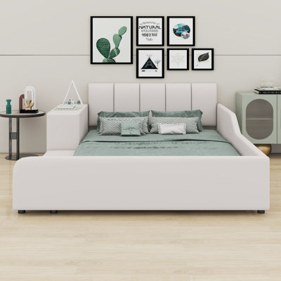 Upholstered Grounded Bed, Mother & Child Bed With Bedside Desk And Little Round Stool