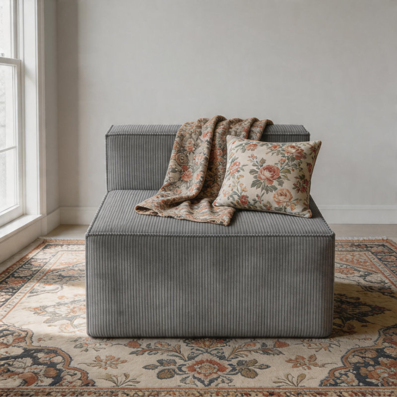 Canapé de luxe sans accoudoirs en velours côtelé de 39 po sans assemblage requis, Gris, Non