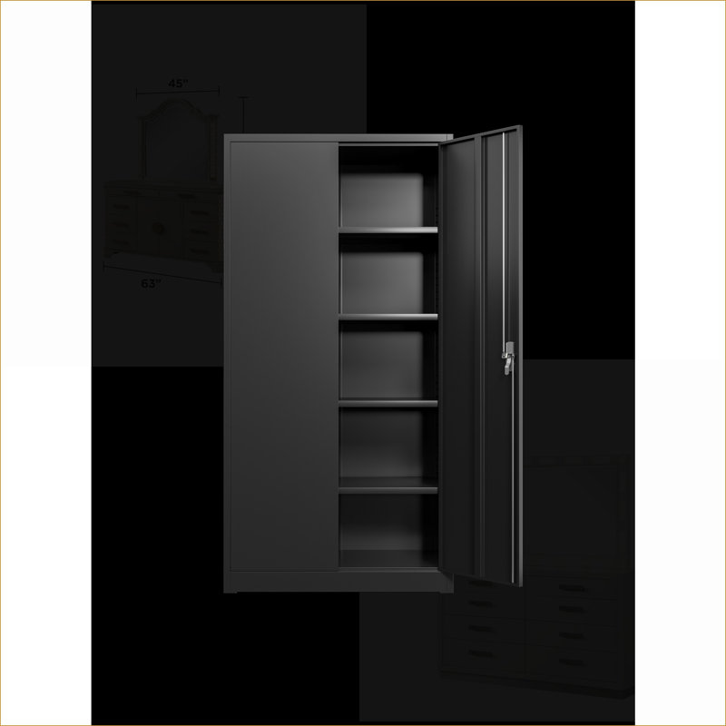 Armoires | Armoire de rangement moderne et verrouillable industrielle noire avec tablettes réglables, conception anti-basculement, capacité de 150 lb par tablette | Bureau | Métal
