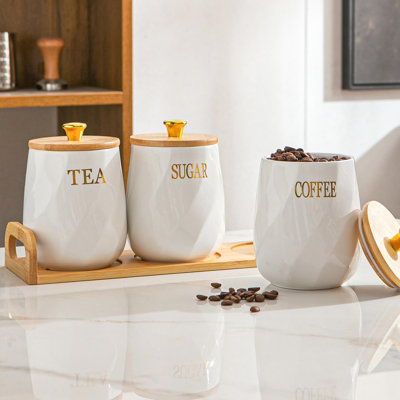 Ensemble de 3 pots en céramique blanche 3 pièces avec plateau et couvercles en bois hermétiques, contenants de rangement pour comptoir de cuisine