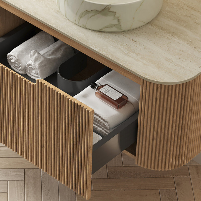 Armoire murale en contreplaqué 60 po avec 2 tiroirs, comptoir en pierre frittée en travertin romain, sans lavabo, sans robinet ni drain, couleur grain de bois naturel