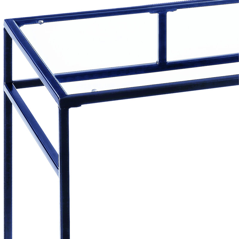 Bureau contemporain bleu avec tablette porte-accessoires.