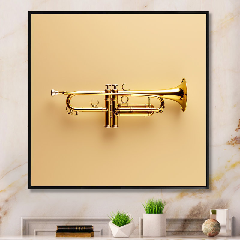 «Gold Trumpet Call», laiton audacieux sur toile, Cadre flottant noir, H 30 po x l 30 po