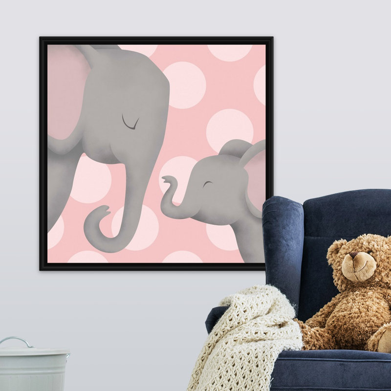 «Elephant Mommy and Baby on Pink», impression, Cadre pour toile flottant noir, H 30 po x l 30 po x P 1,75 po
