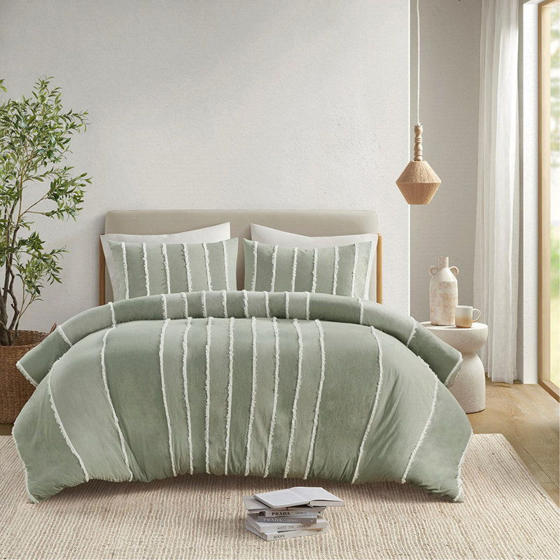 Ensemble de housse de couette en coton rayé pour lit double / grand 3 pièces, Rayures vertes