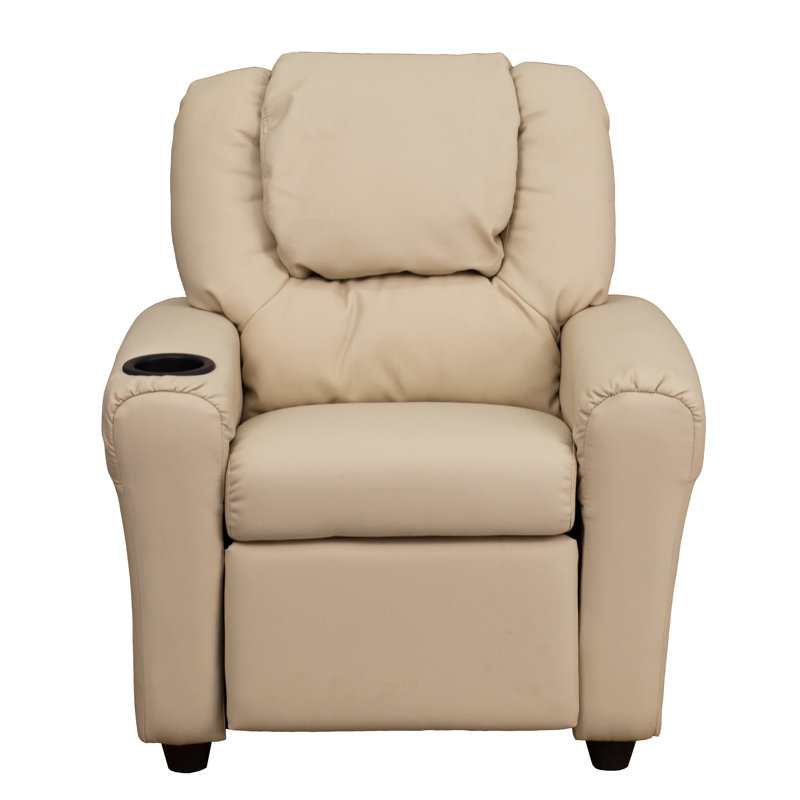 Contemporary Kids Recliner with Cup Holder and Headrest, Beige