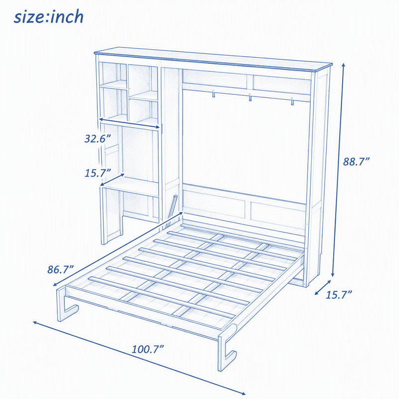 Grand lit escamotable avec bureau intégré et armoire de rangement multicouche, Blanc