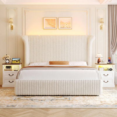 Ensemble de chambre à coucher 3 pièces, lit en velours côtelé à DEL à profil haut + 2 tables de chevet avec DEL et station de charge