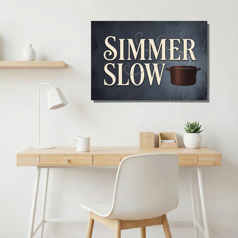 «Simmer Slow Text Brown Pot Cream», art mural sur toile bleu foncé, H 16 po x l 24 po