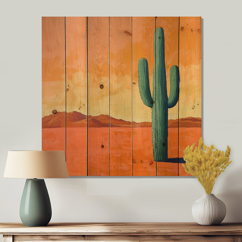 Cactus In The Desert Glow II - Floral Cactus Wood Wall Art - On Natural Pine Wood, 15" H x 15" W x 0.78" D
