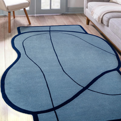 Tapis bleu clair / bleu marine en laine tissé à la main à motif géométrique Mosaic Coastal
