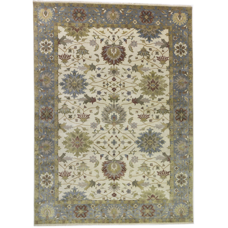Tapis crème en laine noué à la main floral 10 pi x 13 pi 10 po Floral