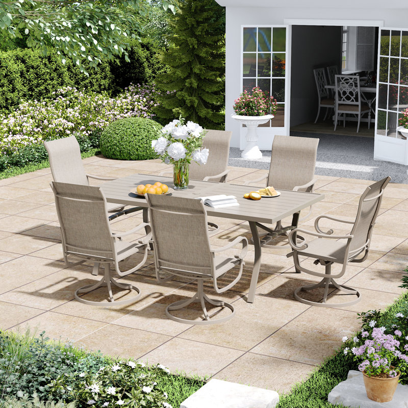 Ensemble repas d'extérieur rectangulaire pour 6 personnes avec fauteuil pivotant, Crème/beige