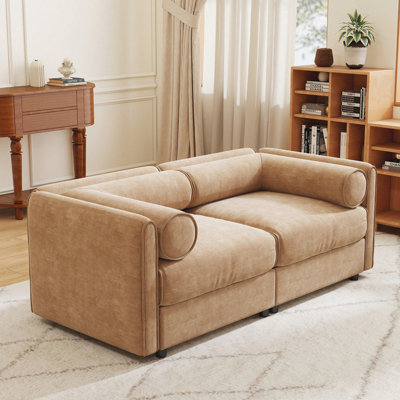 Stylish Camel Chenille 2-Seater Loveseat - Modern Fabric Sofa with Hidden Storage Seat & Cylindrical Backrest/Armrests