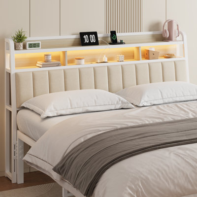 Tête de lit tapissier avec prises intégrées, lumière DEL et rangement à 2 niveaux, hauteur réglable, conception ergonomique, structure robuste