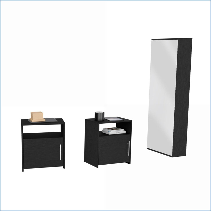 Ensemble de mobilier de chambre à coucher, 3 pièces avec range-chaussures et 2 tables de chevet, noir | Noir | Panneau de particules