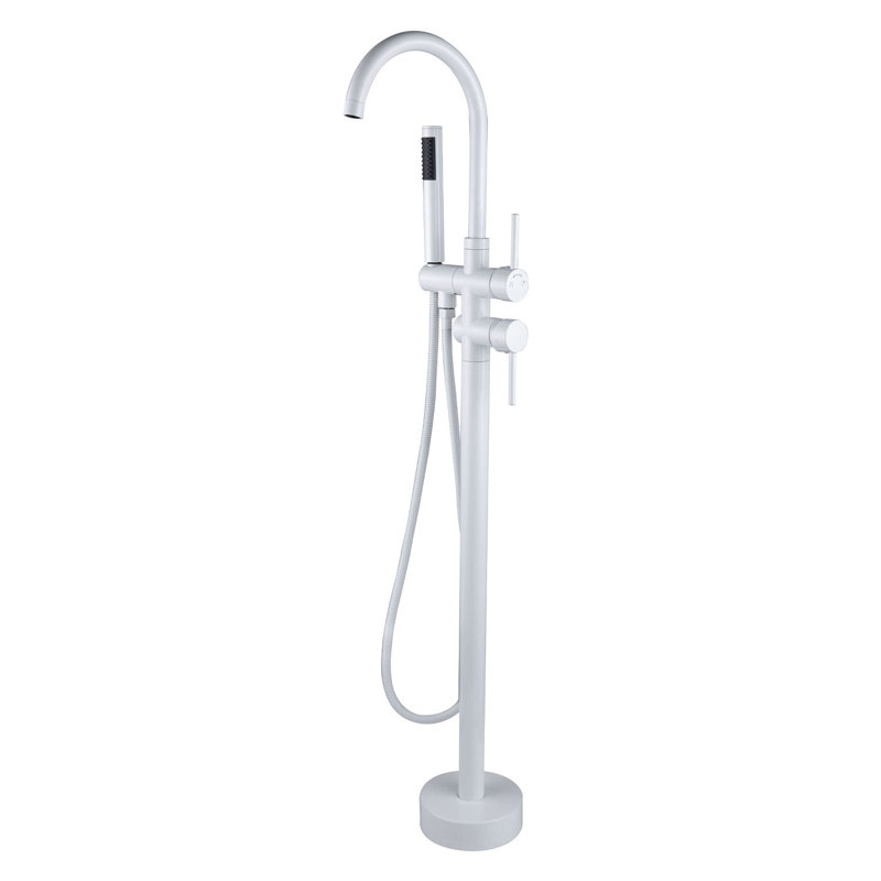 Topcraft Double Handle Floor Mounted Freestanding Tub Faucet with Handheld Shower, Snow White