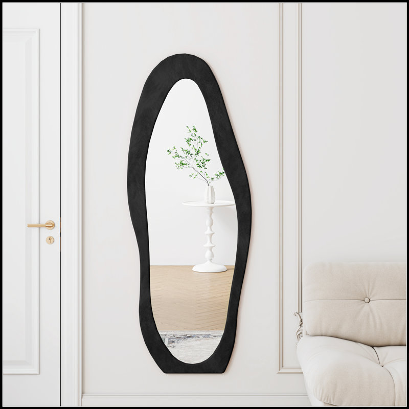 Full Length Irregular Wavy Mirror, Flannel Wrapped Wooden Frame, 63 X 24 Inches, Standing Or Wall-Mounted For Elegant Decor