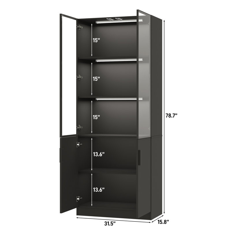Vitrine 79 po en verre à 4 portes avec capteur de lumière pour la maison ou le bureau, Noir, noir, noir, noir