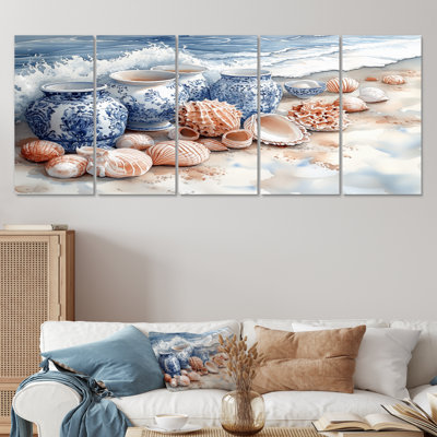 «Floral Beach Pottery in Blue and White Tones II», ensemble d'art mural sur toile