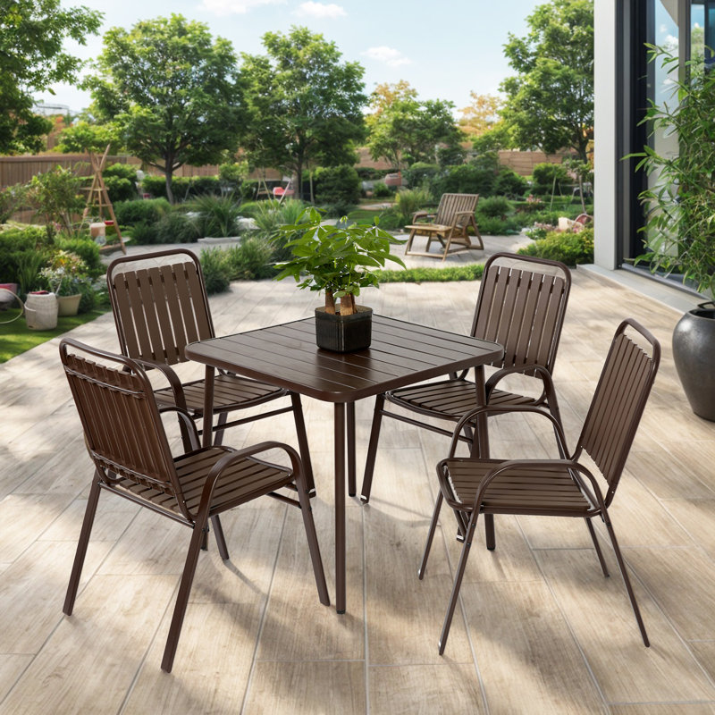 5-Piece Plastic Chair And Steel Table Outdoor Dining Set, Brown