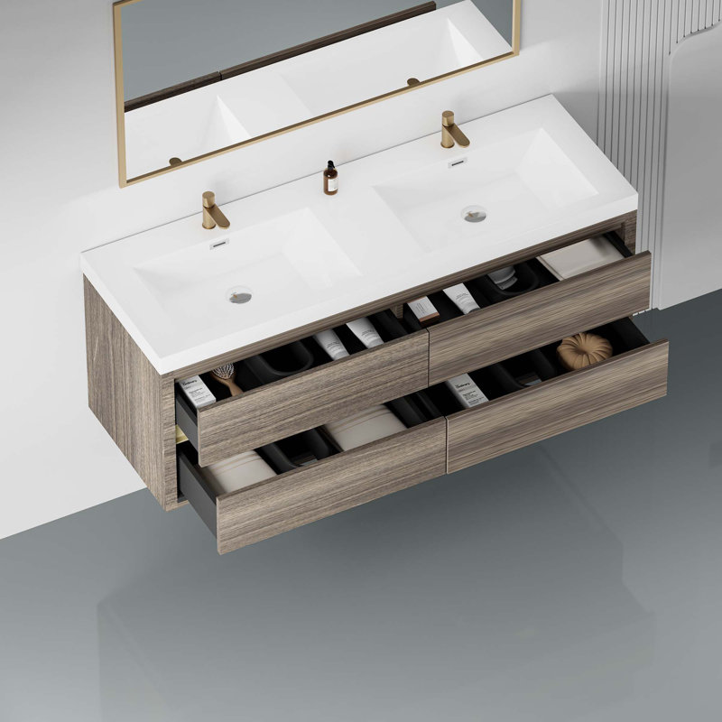 Meuble-lavabo mural avec lavabo, armoire de rangement flottante avec comptoir en résine de pierre et tiroirs à fermeture en douceur