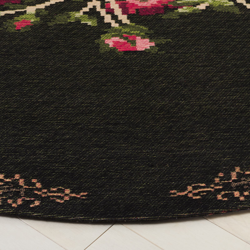 Tapis noir / rouge à motif floral Tammie, Rond 6 pi