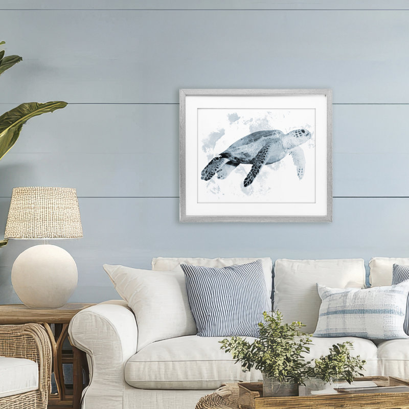 Tortue de mer patinée, reproduction sous verre, conception de Marcus Prime, H 17 po x l 21 po, Cadre de ferme gris