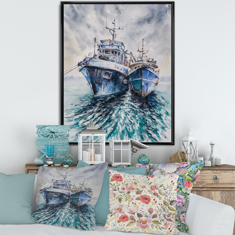 Deux bateaux de pêche avant une tempête ancrée - reproduction de cadre flottant sur toile, H 32 po x l 16 po x P 1 po, Noir