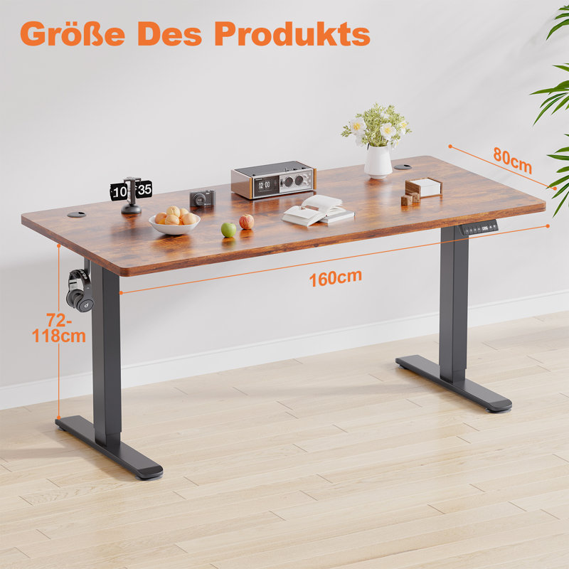 Adjustable Metal Base Standing Desk, Brown/Black, 72cm H x 160cm W x 80cm D
