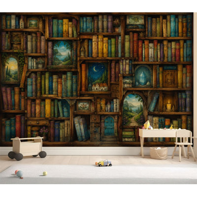 Wall Mural Peel and Stick Wallpaper Whimsical Wooden Bookshelf Colorful Books Fairytale Landscapes Self-Adhesive Removable Contact Paper Wall Decor for Living Room Bedroom 69"H x 96"W
